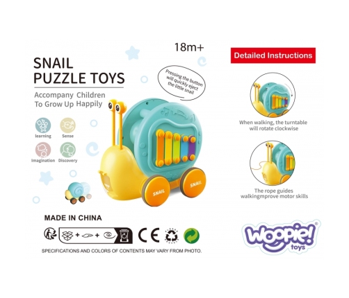 WOOPIE Ślimak do Ciągnięcia 4w1 Cymbałki Zębatki Sensoryczne Wyrzutnia + Małe Autko