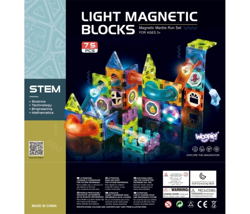 WOOPIE Klocki Magnetyczne Tor Kulkowy Świetlny 75 el.