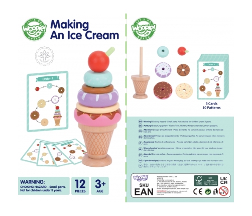 WOOPIE GREEN Drewniane Lody Układanka Montessori Cukiernia 12 el. FSC