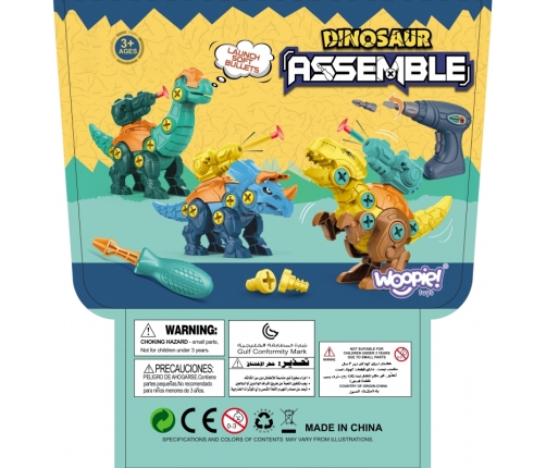 WOOPIE Zestaw Dinozaury do Skręcania 3 szt. Zestaw Konstrukcyjny w Pudełku + Wiertarka i Śrubokręt