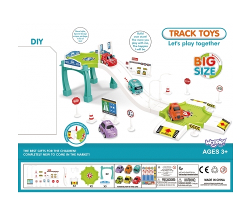 WOOPIE Tor Parking Garaż Samochodowy Zestaw Stacja Paliw Znaki Drogowe +  3 Auta