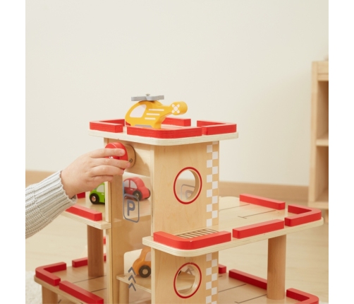 VIGA Drewniany Parking dla Samochodzików z Windą 4 Autka Helikopter