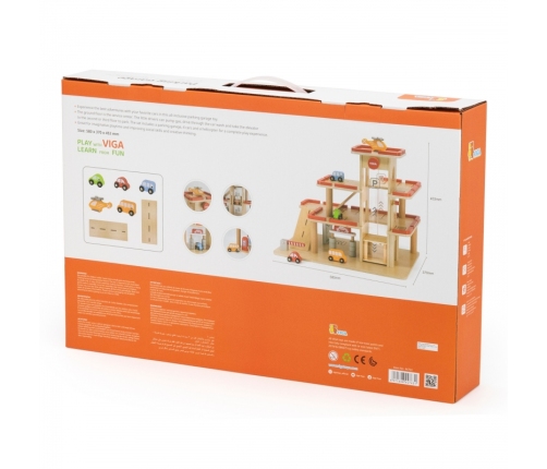 VIGA Drewniany Parking dla Samochodzików z Windą 4 Autka Helikopter