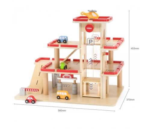 VIGA Drewniany Parking dla Samochodzików z Windą 4 Autka Helikopter