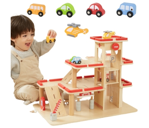 VIGA Drewniany Parking dla Samochodzików z Windą 4 Autka Helikopter