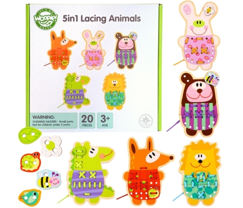 WOOPIE GREEN Drewniana Sznurowanka 5w1 Zwierzątka do Nawlekania