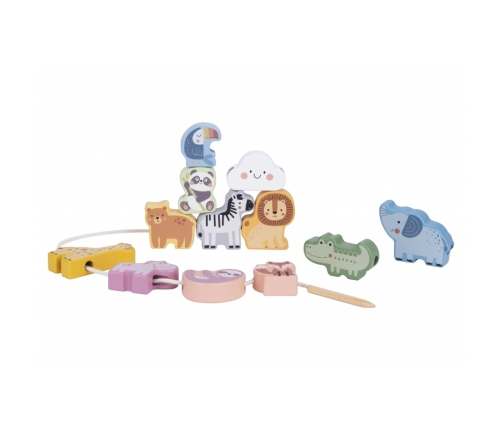 WOOPIE GREEN Drewniana Nawlekanka Klocki Przeplatanka ZOO Montessori 13 el.