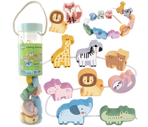 WOOPIE GREEN Drewniana Nawlekanka Klocki Przeplatanka ZOO Montessori 13 el.