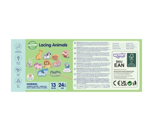 WOOPIE GREEN Drewniana Nawlekanka Klocki Przeplatanka ZOO Montessori 13 el.