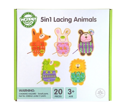 WOOPIE GREEN Drewniana Sznurowanka 5w1 Zwierzątka do Nawlekania