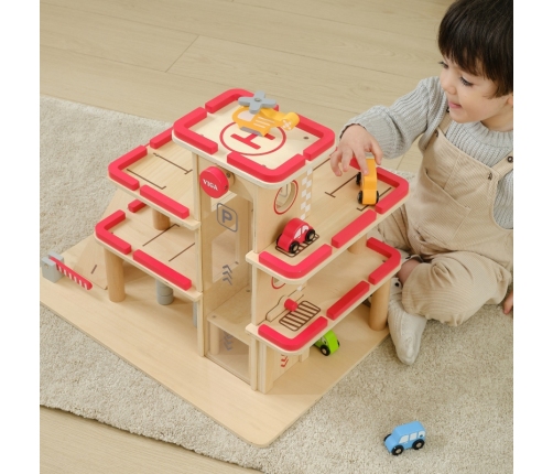 VIGA Drewniany Parking dla Samochodzików z Windą 4 Autka Helikopter