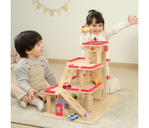 VIGA Drewniany Parking dla Samochodzików z Windą 4 Autka Helikopter