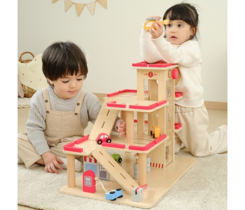 VIGA Drewniany Parking dla Samochodzików z Windą 4 Autka Helikopter