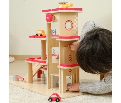 VIGA Drewniany Parking dla Samochodzików z Windą 4 Autka Helikopter