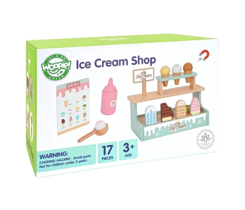 WOOPIE GREEN Drewniana Lodziarnia Sklepik Zestaw z Lodami Stragan 16 EL