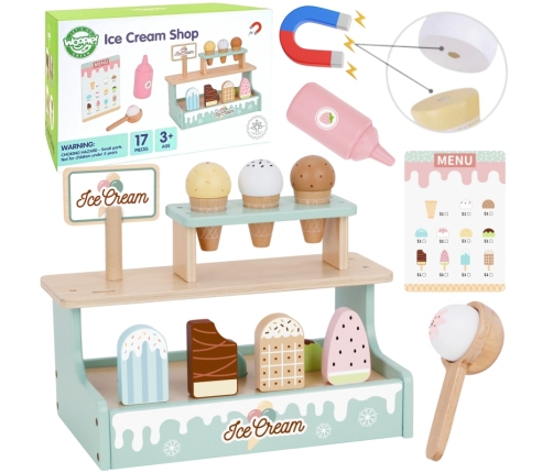 WOOPIE GREEN Drewniana Lodziarnia Sklepik Zestaw z Lodami Stragan 16 EL