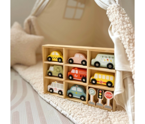 TOOKY TOY Zestaw Drewnianych Pojazdów i Znaków Drogowych w Pudełku
