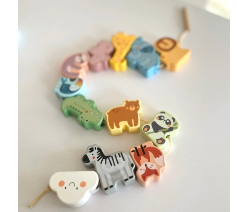 WOOPIE GREEN Drewniana Nawlekanka Klocki Przeplatanka ZOO Montessori 13 el.