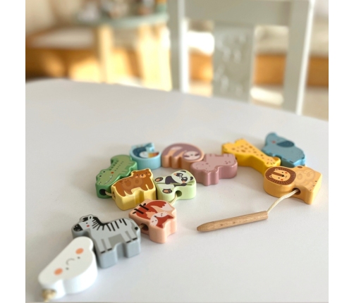 WOOPIE GREEN Drewniana Nawlekanka Klocki Przeplatanka ZOO Montessori 13 el.