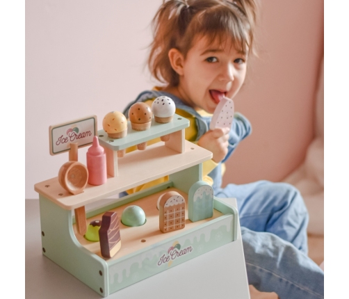 WOOPIE GREEN Drewniana Lodziarnia Sklepik Zestaw z Lodami Stragan 16 EL