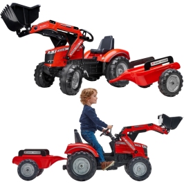 Traktors ar pedāļiem ar kausu un piekabi FALK Massey Ferguson Red
