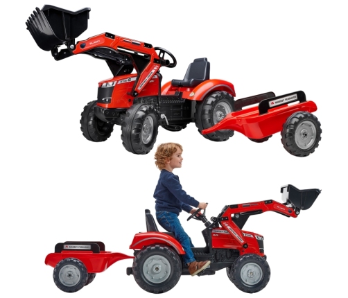 Traktors ar pedāļiem ar kausu un piekabi FALK Massey Ferguson Red