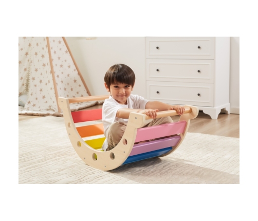 VIGA Drewniany Bujak Mostek 2w1 Huśtawka Montessori Tęczowa