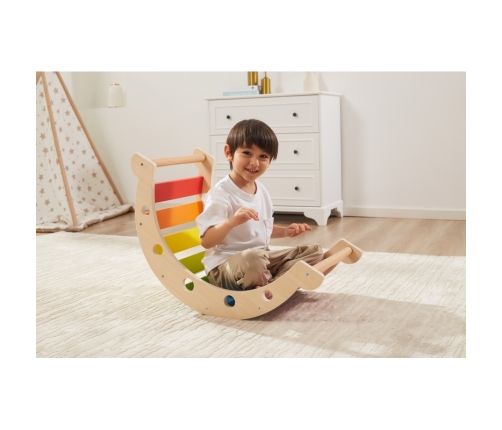 VIGA Drewniany Bujak Mostek 2w1 Huśtawka Montessori Tęczowa