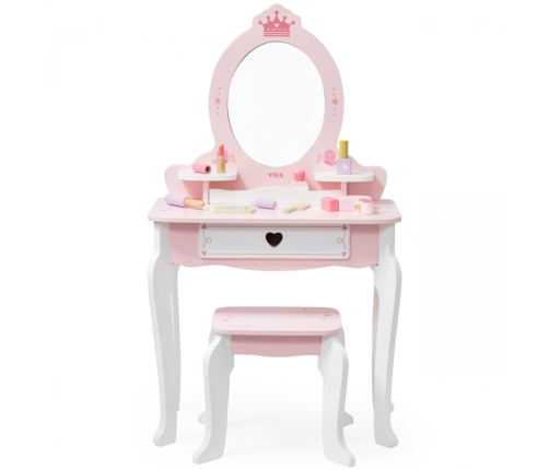 VIGA Duża Toaletka Drewniana Biało-Różowa z Lustrem i Krzesełkiem