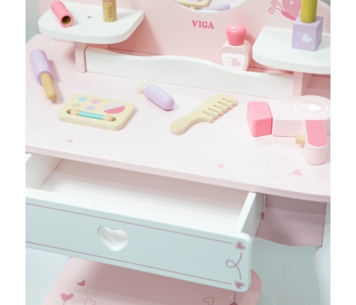 VIGA Duża Toaletka Drewniana Biało-Różowa z Lustrem i Krzesełkiem