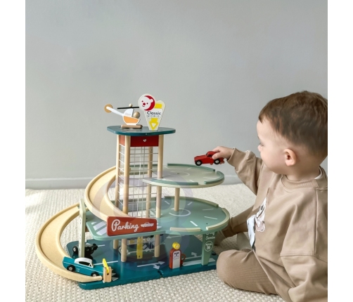 CLASSIC WORLD Wielopoziomowy Parking Auta Helikopter Dystybutor Myjnia + Akc.