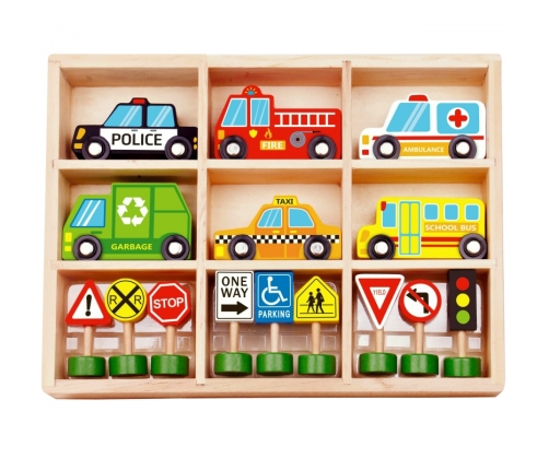 WOOPIE GREEN Zestaw Drewnianych Pojazdów i Znaków Drogowych