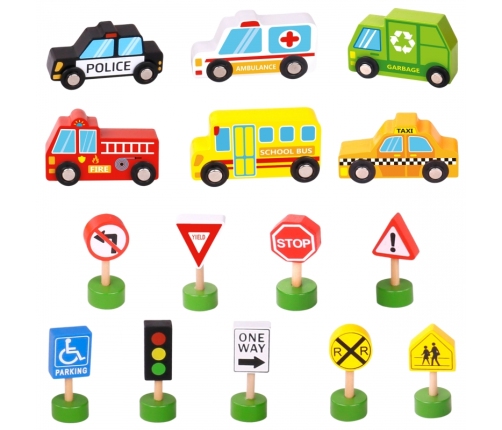WOOPIE GREEN Zestaw Drewnianych Pojazdów i Znaków Drogowych