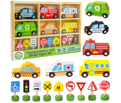 WOOPIE GREEN Zestaw Drewnianych Pojazdów i Znaków Drogowych
