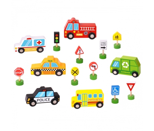 WOOPIE GREEN Zestaw Drewnianych Pojazdów i Znaków Drogowych