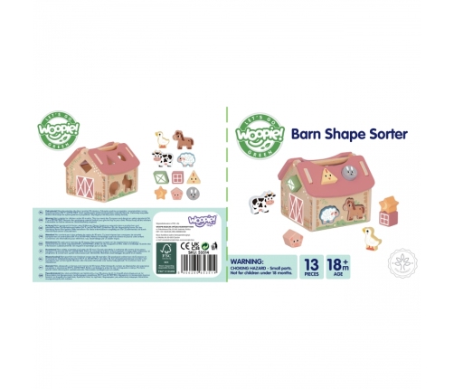 WOOPIE GREEN Drewniana Farma Sorter Kształtów i Kolorów 13 el.