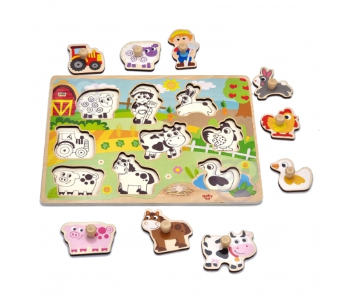 WOOPIE GREEN Drewniane Puzzle Montessori Farma z Pinezkami Do Dopasowania