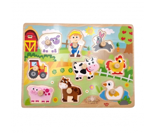 WOOPIE GREEN Drewniane Puzzle Montessori Farma z Pinezkami Do Dopasowania