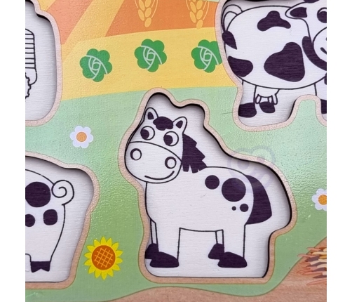 WOOPIE GREEN Drewniane Puzzle Montessori Farma z Pinezkami Do Dopasowania