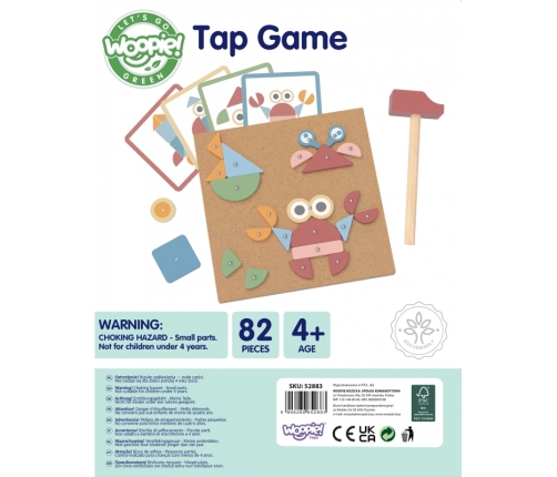 WOOPIE GREEN Drewniana Przybijanka z Młotkiem Układanka 20 wzorów 82 el.