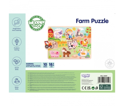 WOOPIE GREEN Drewniane Puzzle Montessori Farma z Pinezkami Do Dopasowania