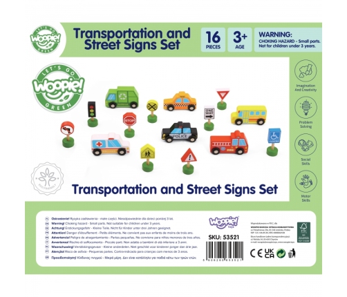 WOOPIE GREEN Zestaw Drewnianych Pojazdów i Znaków Drogowych