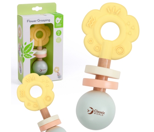 CLASSIC WORLD Drewniana Pastelowa Grzechotka Gryzak 2w1 Kwiatuszek