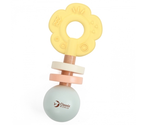 CLASSIC WORLD Drewniana Pastelowa Grzechotka Gryzak 2w1 Kwiatuszek