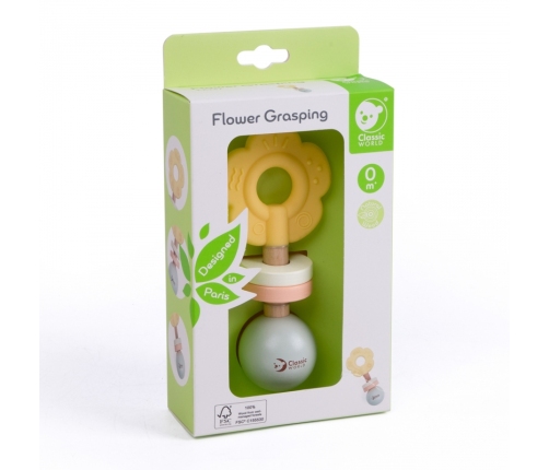 CLASSIC WORLD Drewniana Pastelowa Grzechotka Gryzak 2w1 Kwiatuszek