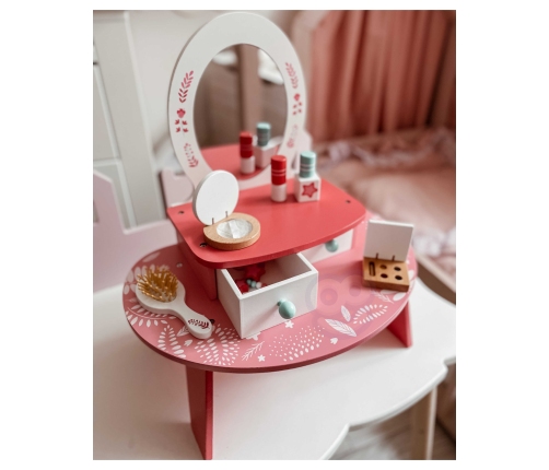 TOOKY TOY Różowa Toaletka Drewniana Do Makijażu z Lustrem