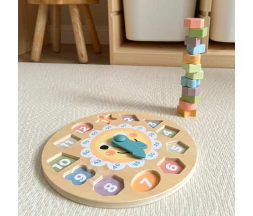 TOOKY TOY Zegar Drewniana Zabawka Edukacyjna Nauka Czasu Kształtów
