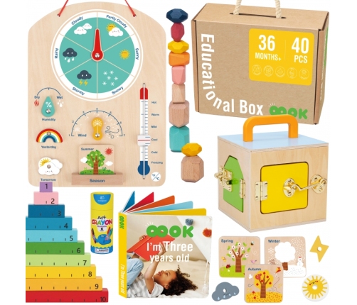 Tooky Toy Edukacyjne Pudełko Montessori Układanka Liczydło Tablica Pogody 6w1 od 3 Lat