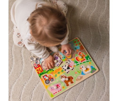 WOOPIE GREEN Drewniane Puzzle Montessori Farma z Pinezkami Do Dopasowania