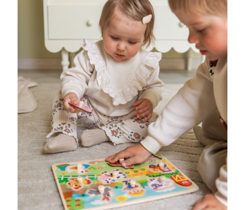 WOOPIE GREEN Drewniane Puzzle Montessori Farma z Pinezkami Do Dopasowania